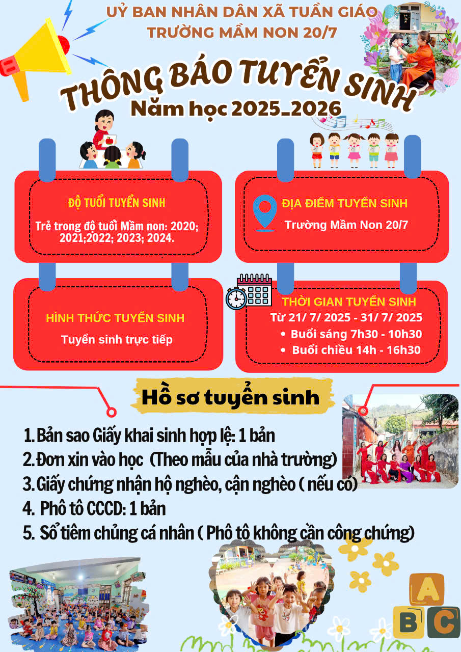 Trường Mầm Non 20/7 thông báo tuyển sinh năm học 2025 - 2026
